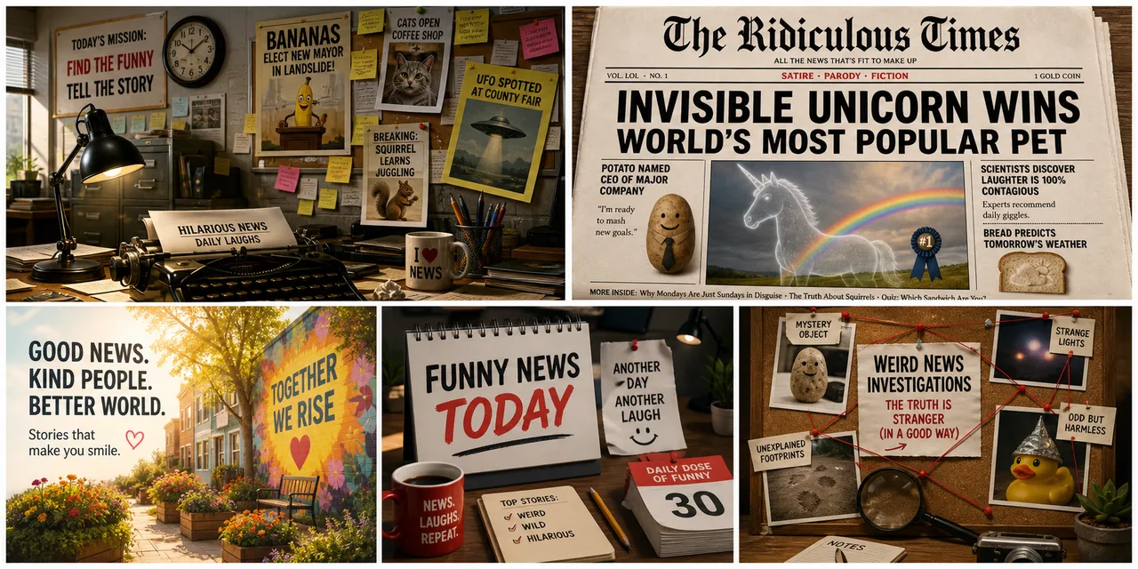 Editorial collage showing a colorful newsroom built for funny and unusual stories.