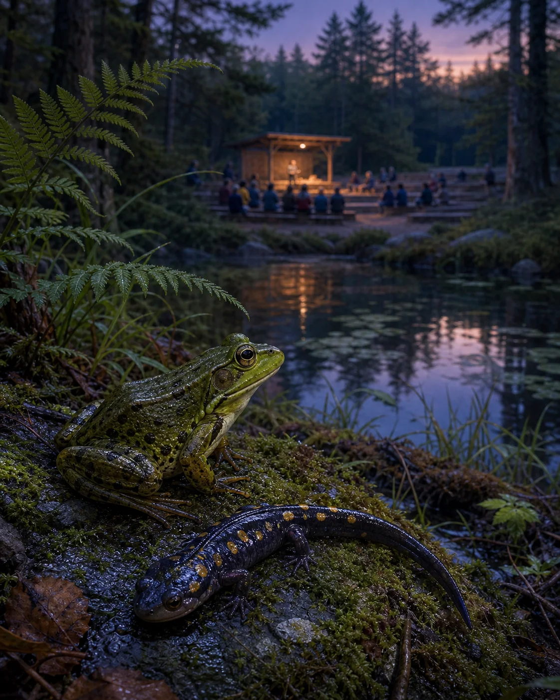Editorial illustration of a frog and spotted salamander beside a twilight pond near a campground amphitheater.