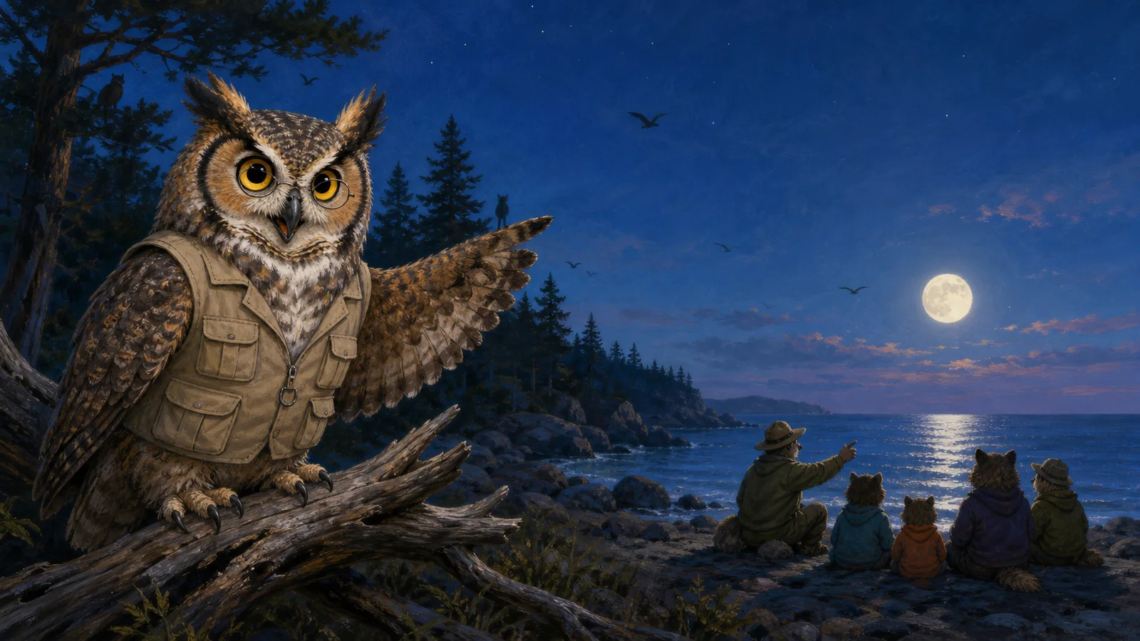 Editorial illustration of Professor Hoot, an owl reporter, overlooking a moonlit rocky coastline beside a small ranger-led group.