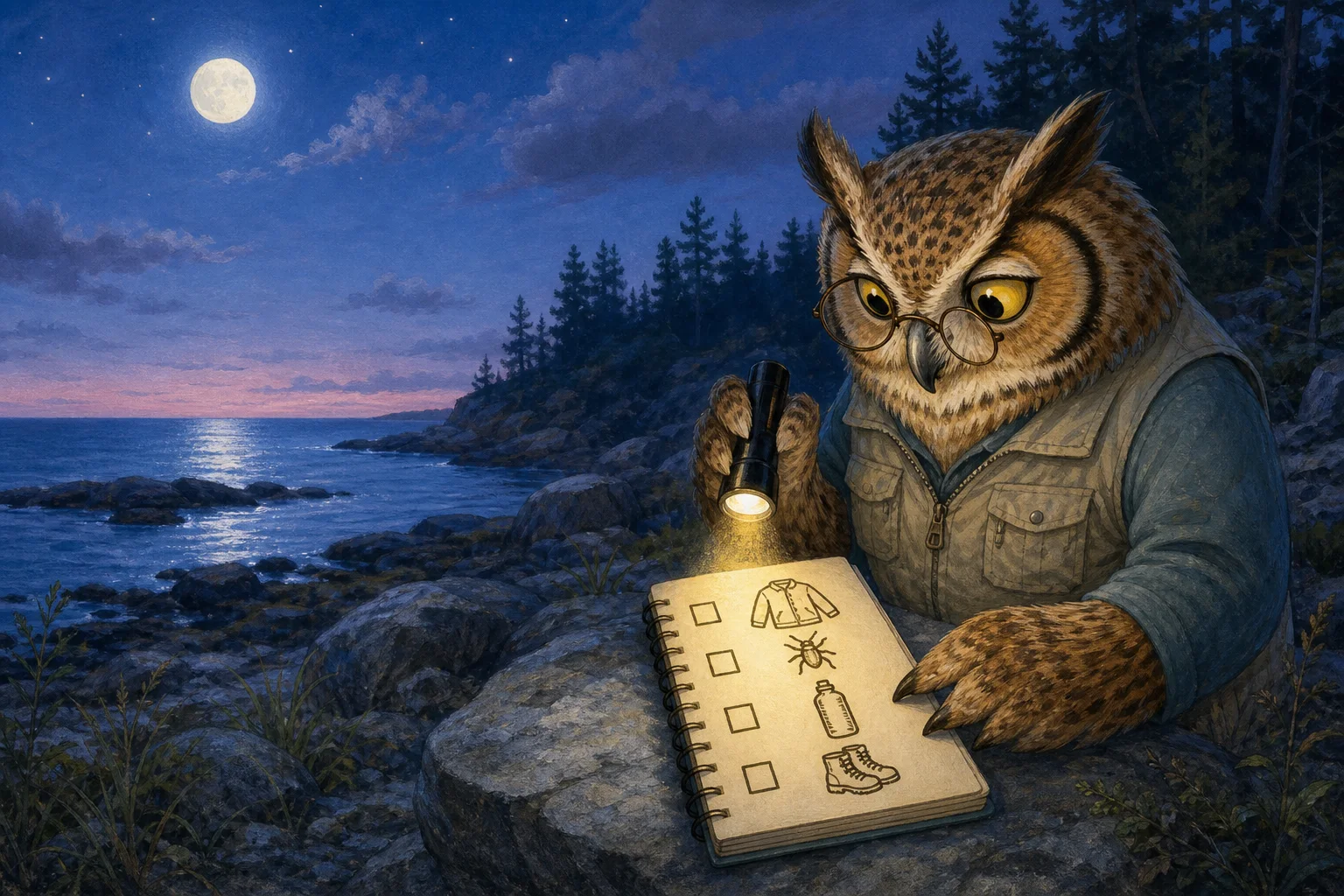 Editorial illustration of Professor Hoot reviewing a simple evening-preparation checklist by flashlight on a moonlit rocky shore.