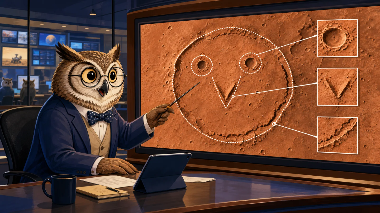 Professor Hoot reports from a newsroom beside an illustrated analysis of the bear-like Martian surface feature.