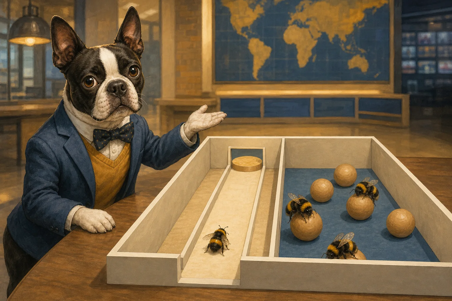 Buster Barkley presents an illustrated laboratory choice setup where bumblebees can pass through or interact with wooden balls.