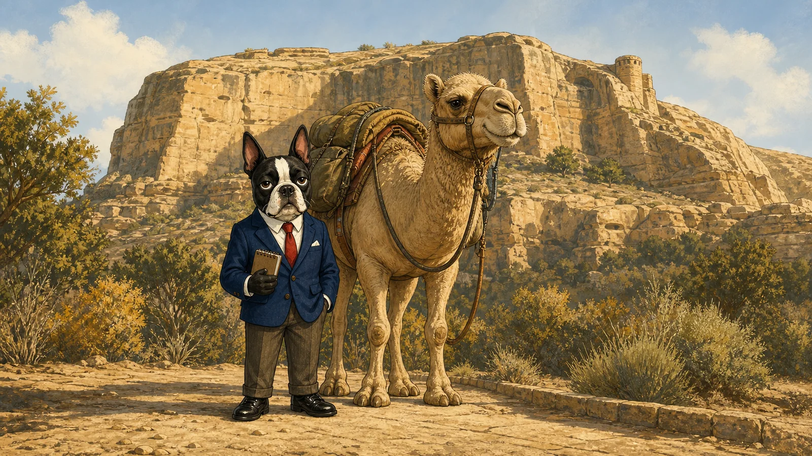 Editorial illustration of Buster Barkley standing beside a tan camel in a sunlit sandstone landscape.