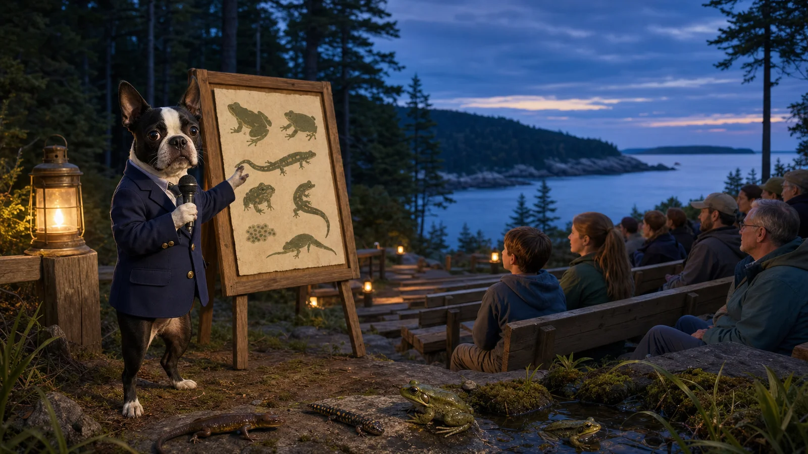 Editorial illustration of Buster Barkley presenting a twilight amphibian program at a coastal Maine campground amphitheater.
