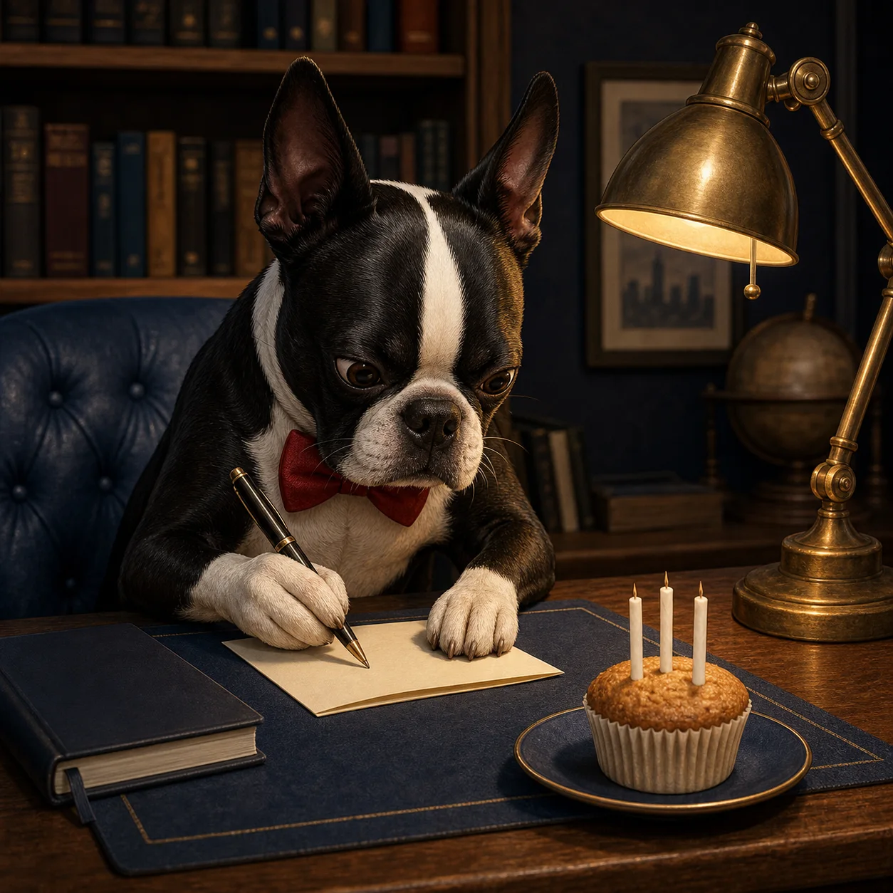 Editorial illustration of Buster Barkley writing a belated birthday note beside a small cupcake with three candles.