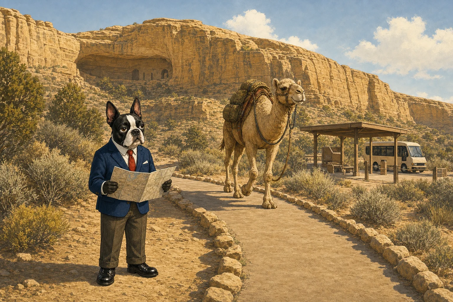 Editorial illustration of Buster Barkley studying a paper map while a camel walks near a desert visitor shuttle stop.