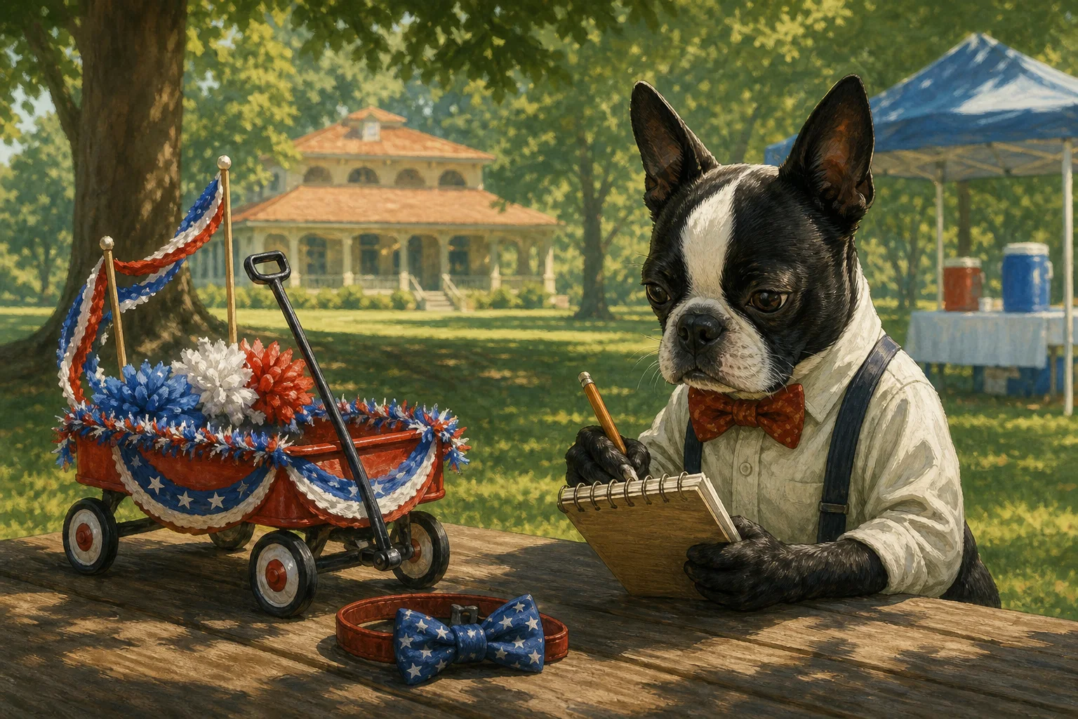 Editorial illustration of Buster Barkley, a Boston terrier reporter, making notes beside a decorated wagon and a bow tie on a park picnic table.