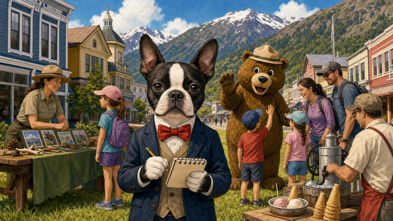 Editorial illustration of Buster Barkley reporting from a Junior Ranger community event with a bear mascot, historic storefronts, mountains, and an ice-cream activity.