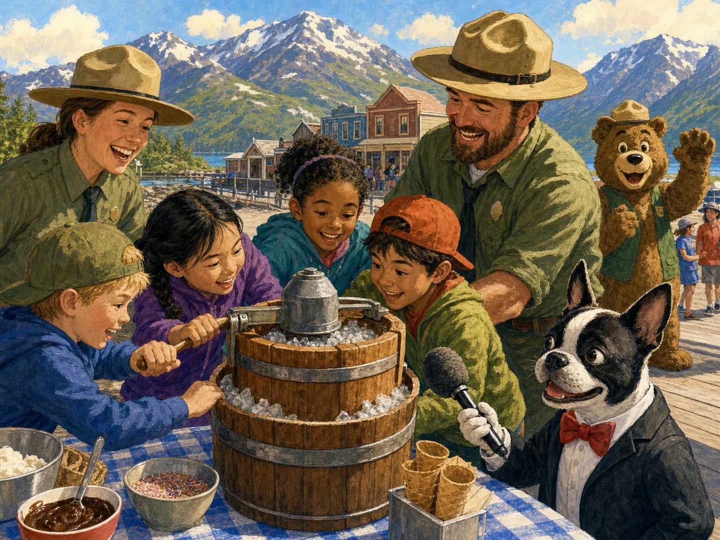 Editorial illustration of Buster Barkley reporting as children and rangers turn an ice-cream maker at a Junior Ranger community event, with a bear mascot nearby.