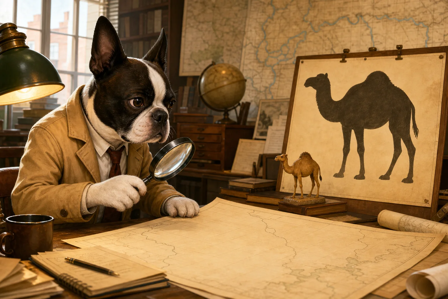 Editorial illustration of Buster Barkley examining a camel reference board in a warmly lit newsroom.