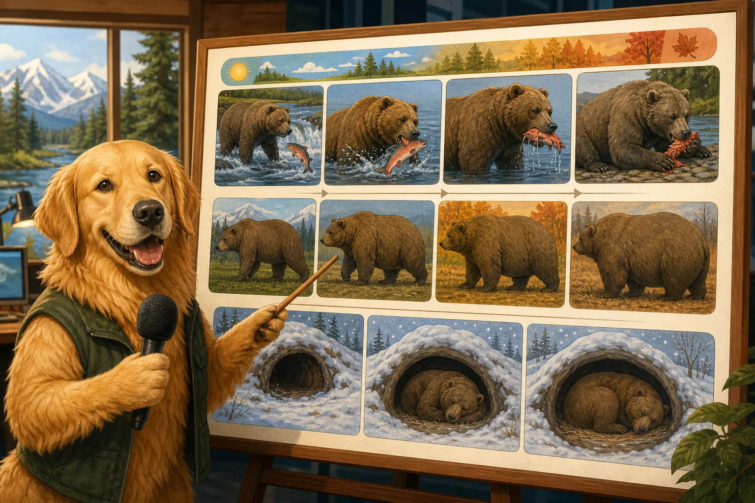 Sunny explains in an editorial illustration how Katmai brown bears build fat reserves before winter hibernation.