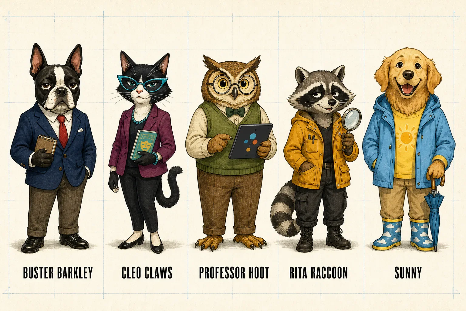The Hilarious News animal newsroom: Buster Barkley, Cleo Claws, Professor Hoot, Rita Raccoon, and Sunny