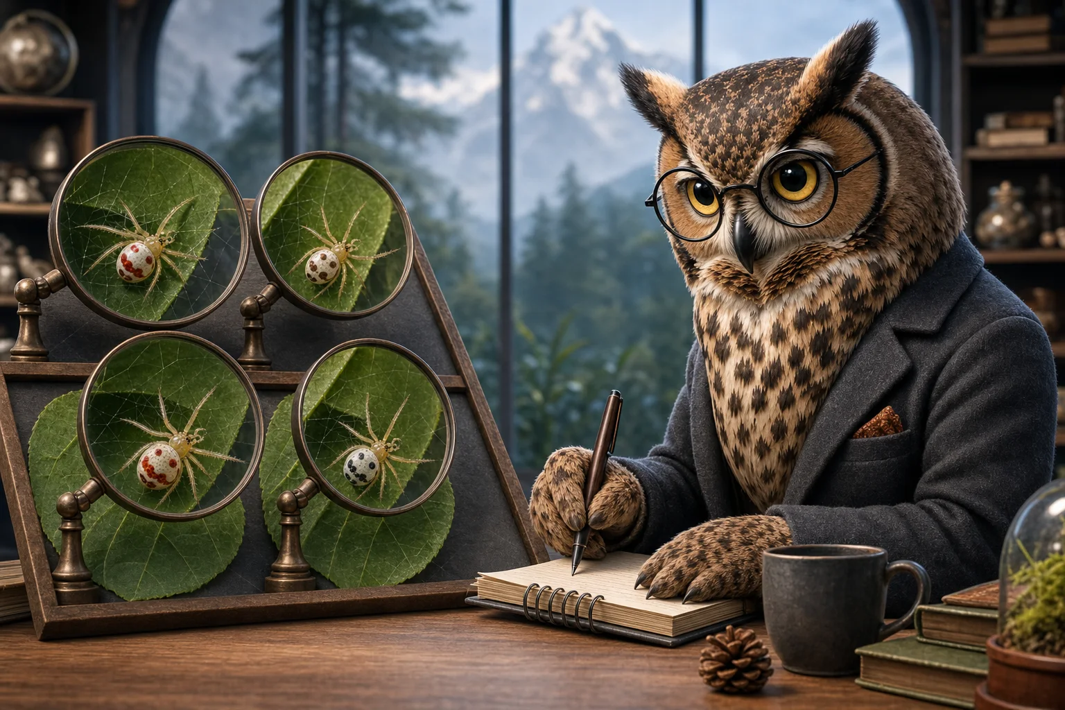 Editorial illustration of Professor Hoot comparing several naturally varied spider abdomen patterns under magnifiers