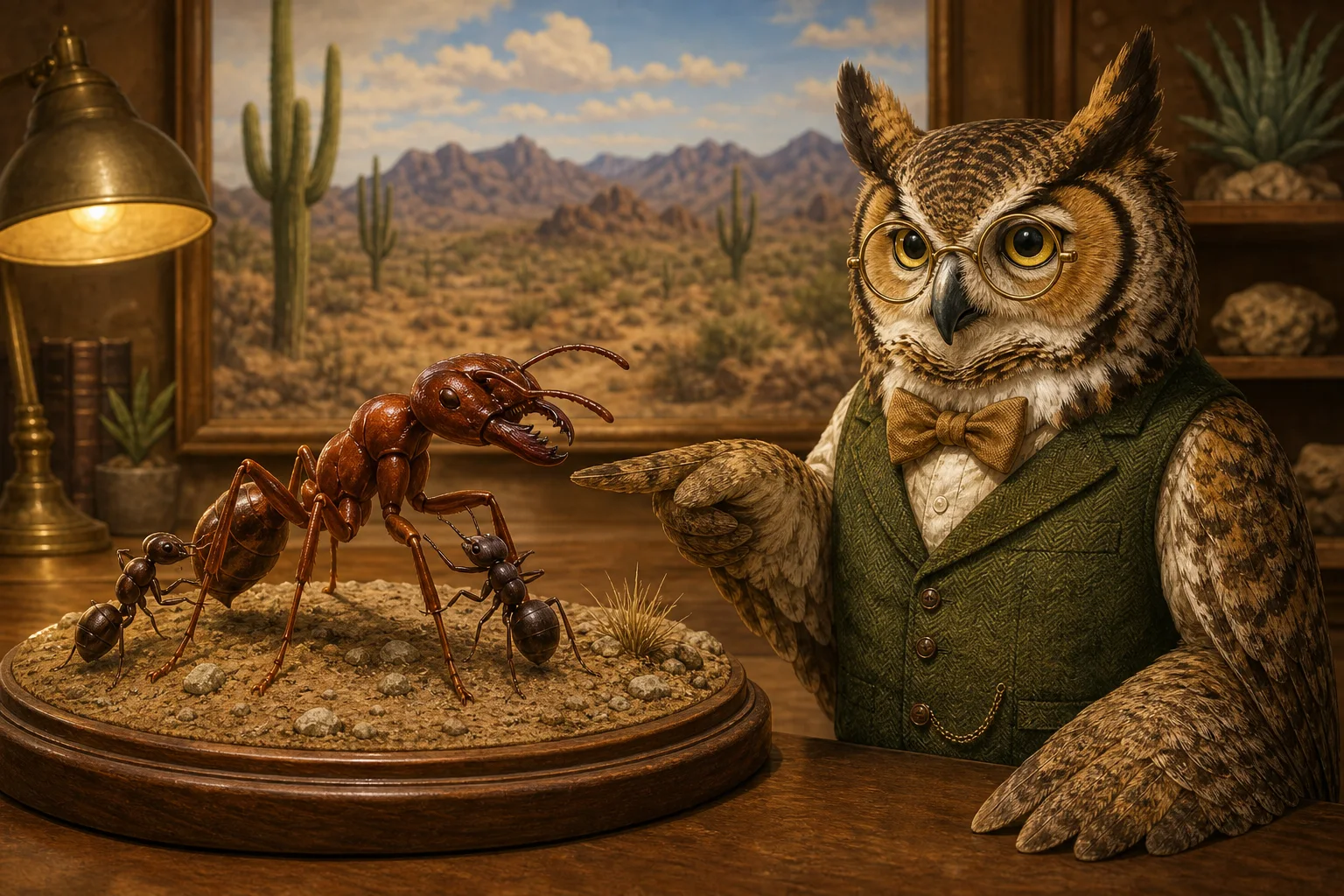 Editorial illustration of Professor Hoot presenting a scale model of tiny cone ants grooming a much larger red harvester ant
