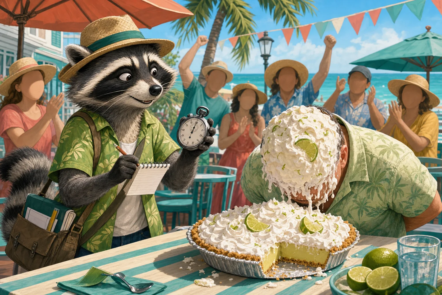 Editorial illustration of Rita Raccoon timing an anonymous pie-eating contestant at a tropical outdoor café.