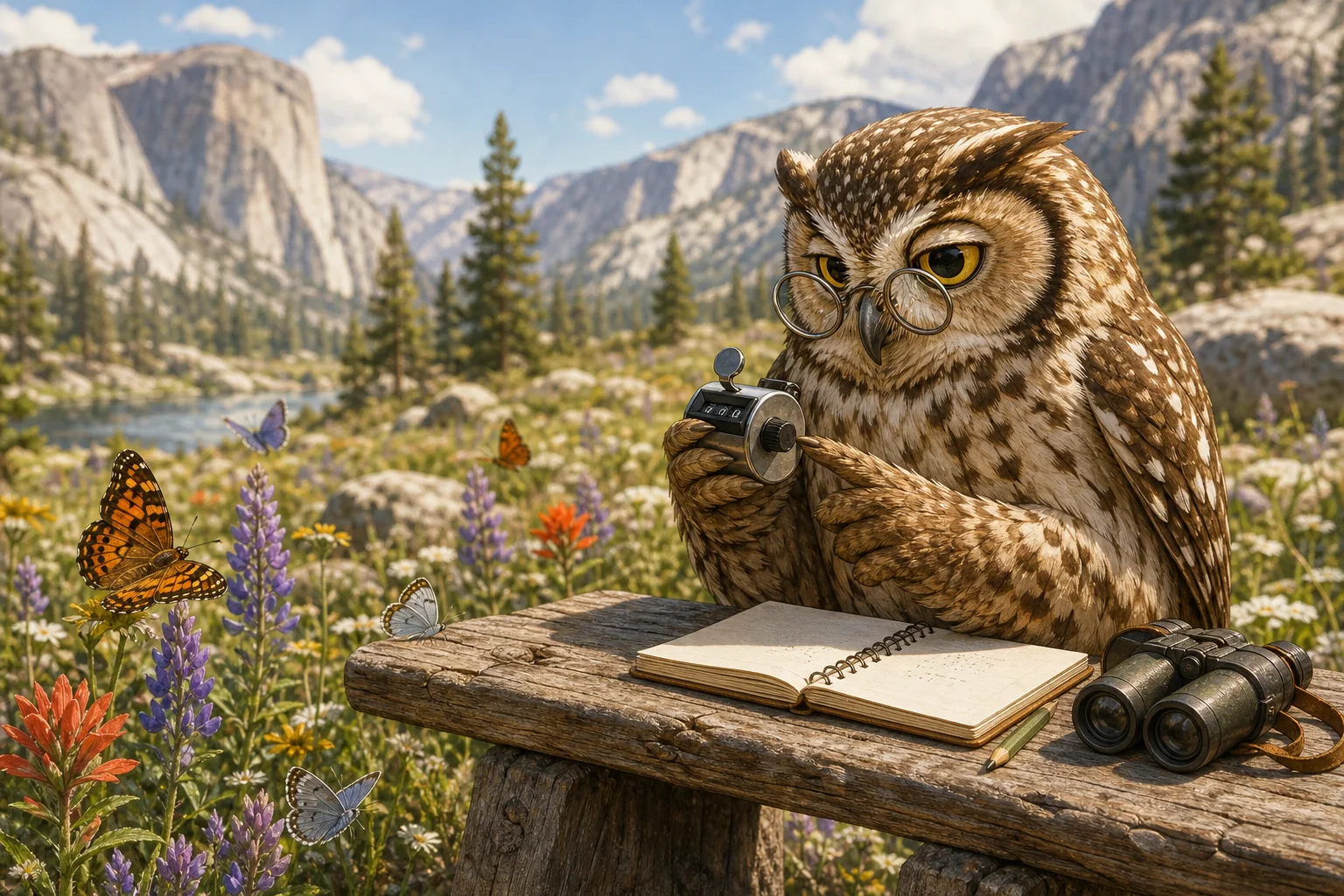 Editorial illustration of Professor Hoot using a hand tally counter beside butterfly observation notes in a mountain meadow.