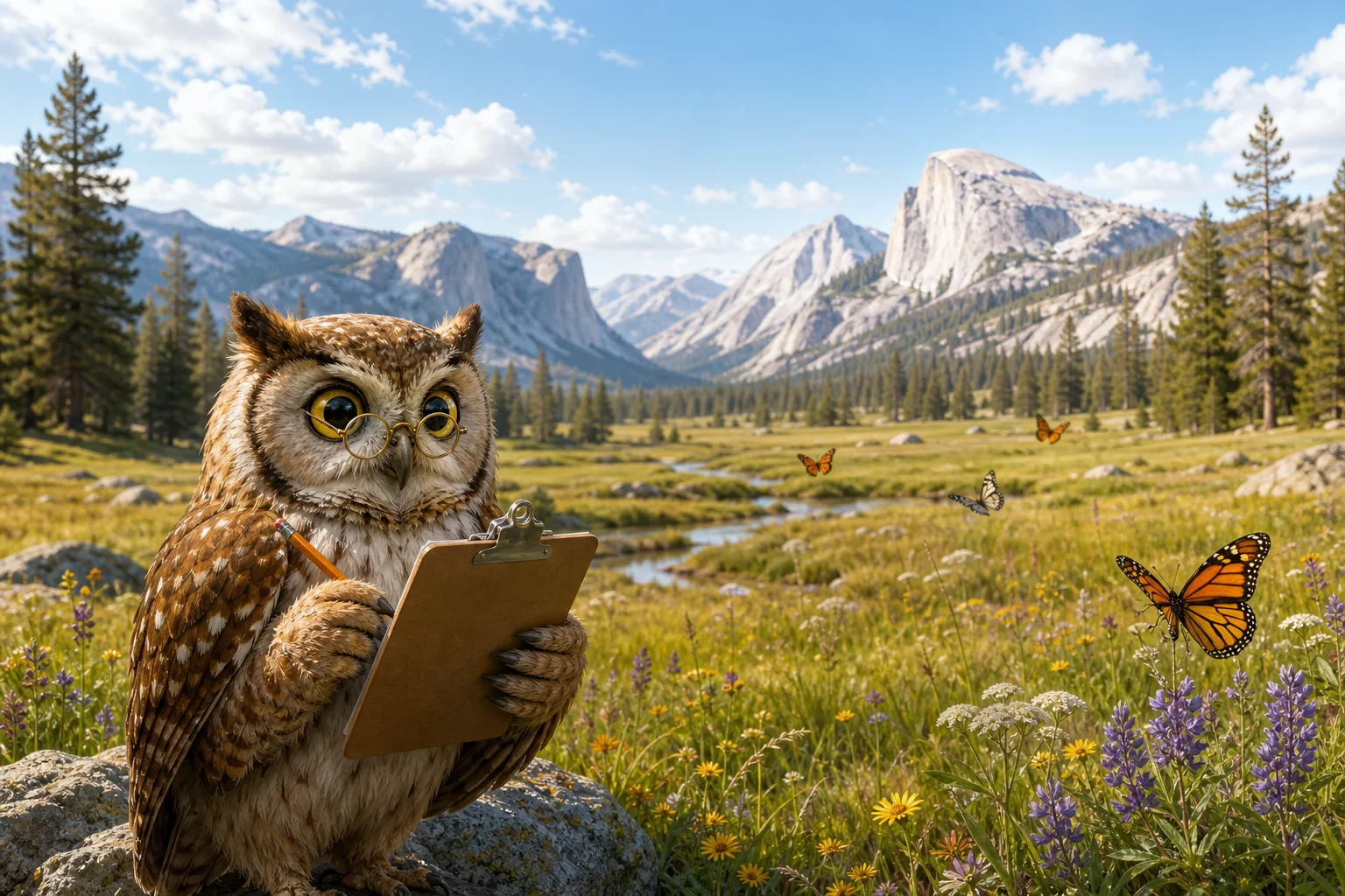 Editorial illustration of Professor Hoot recording butterfly observations in a Yosemite-inspired mountain meadow.