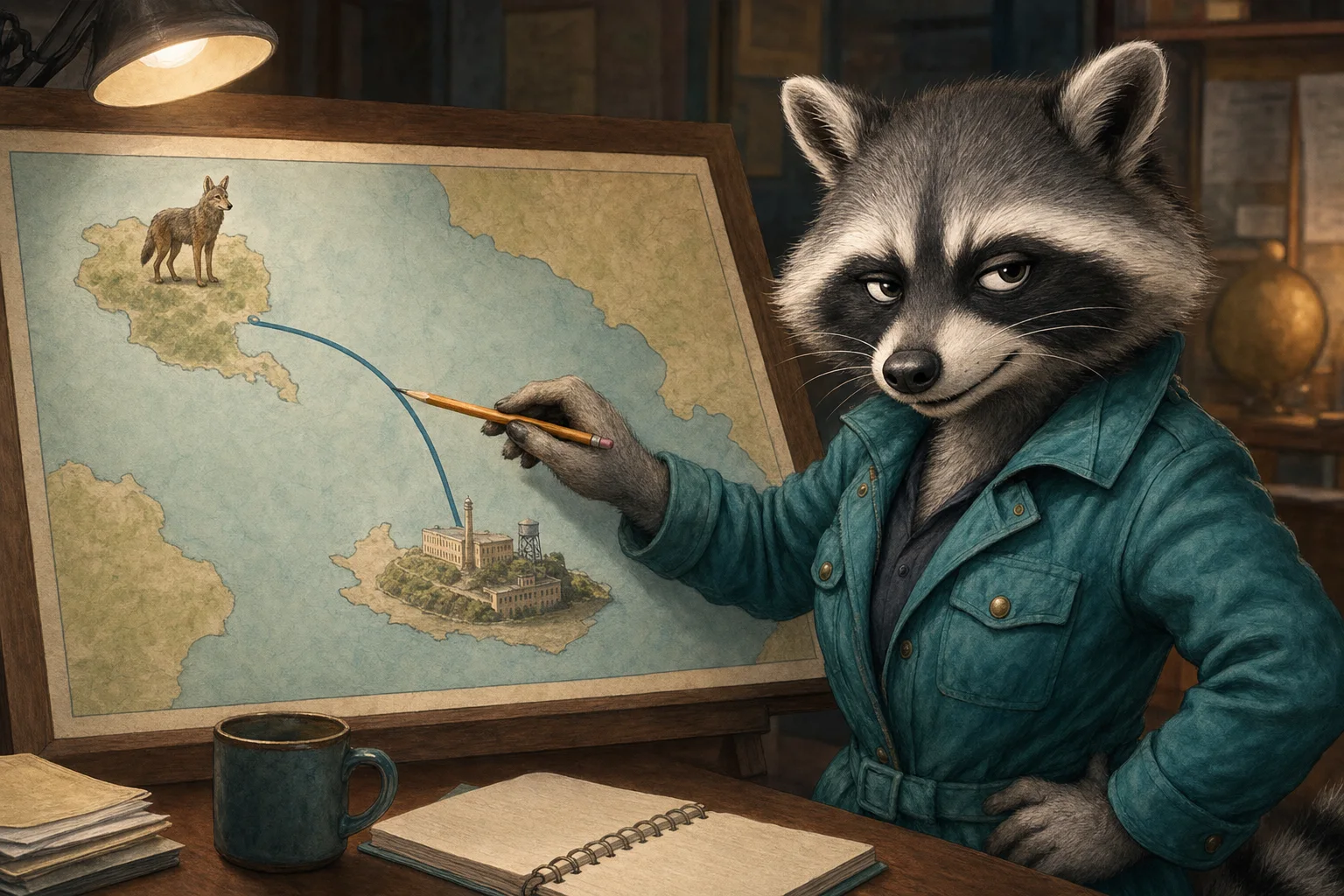 Illustration of Rita Raccoon tracing the coyote's island-to-island route on a newsroom map