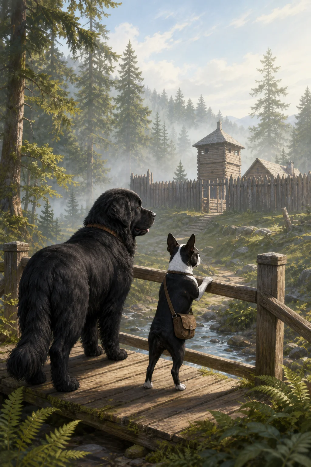 Editorial illustration of Buster Barkley, a Boston terrier reporter, standing beside a Newfoundland dog on a wooden bridge facing a fort replica in a Pacific Northwest forest.