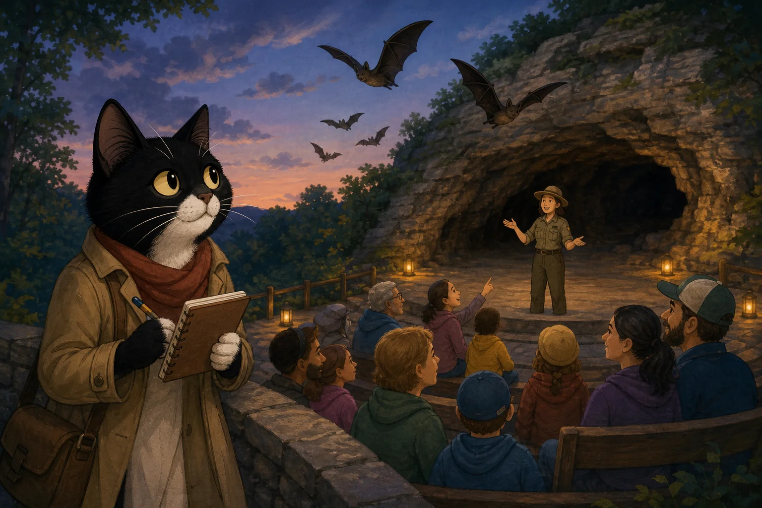 Cleo Claws watches families gather for an outdoor bat program near a cave entrance at dusk