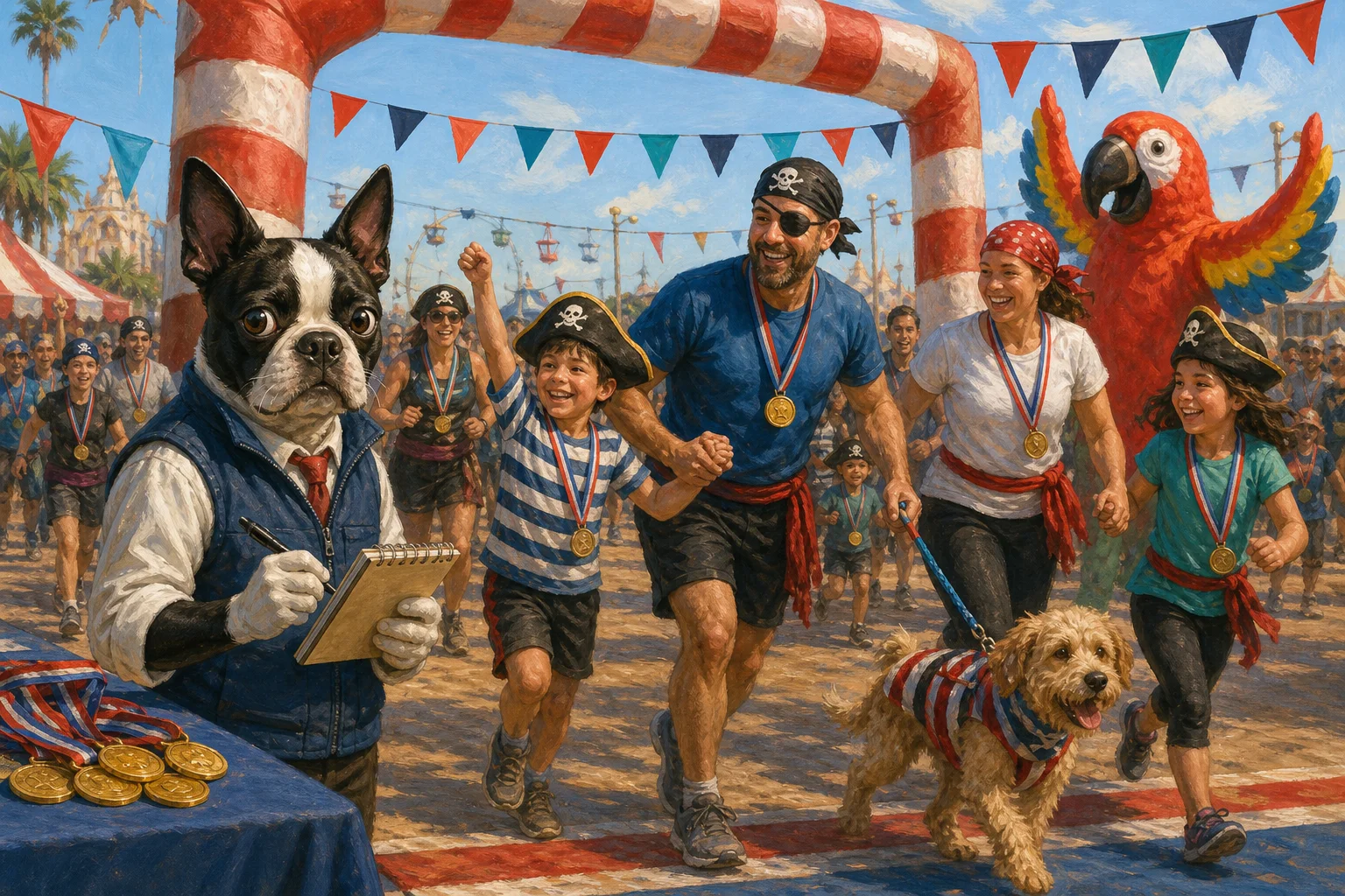 Buster Barkley reports from the finish as families, a leashed dog and pirate-costumed runners cross together