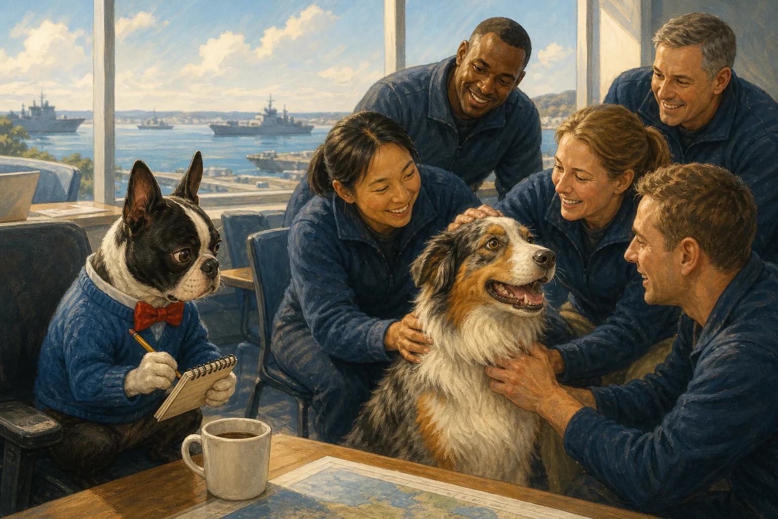 Buster Barkley writes in a notebook while Slingshot greets smiling participants in a bright briefing room