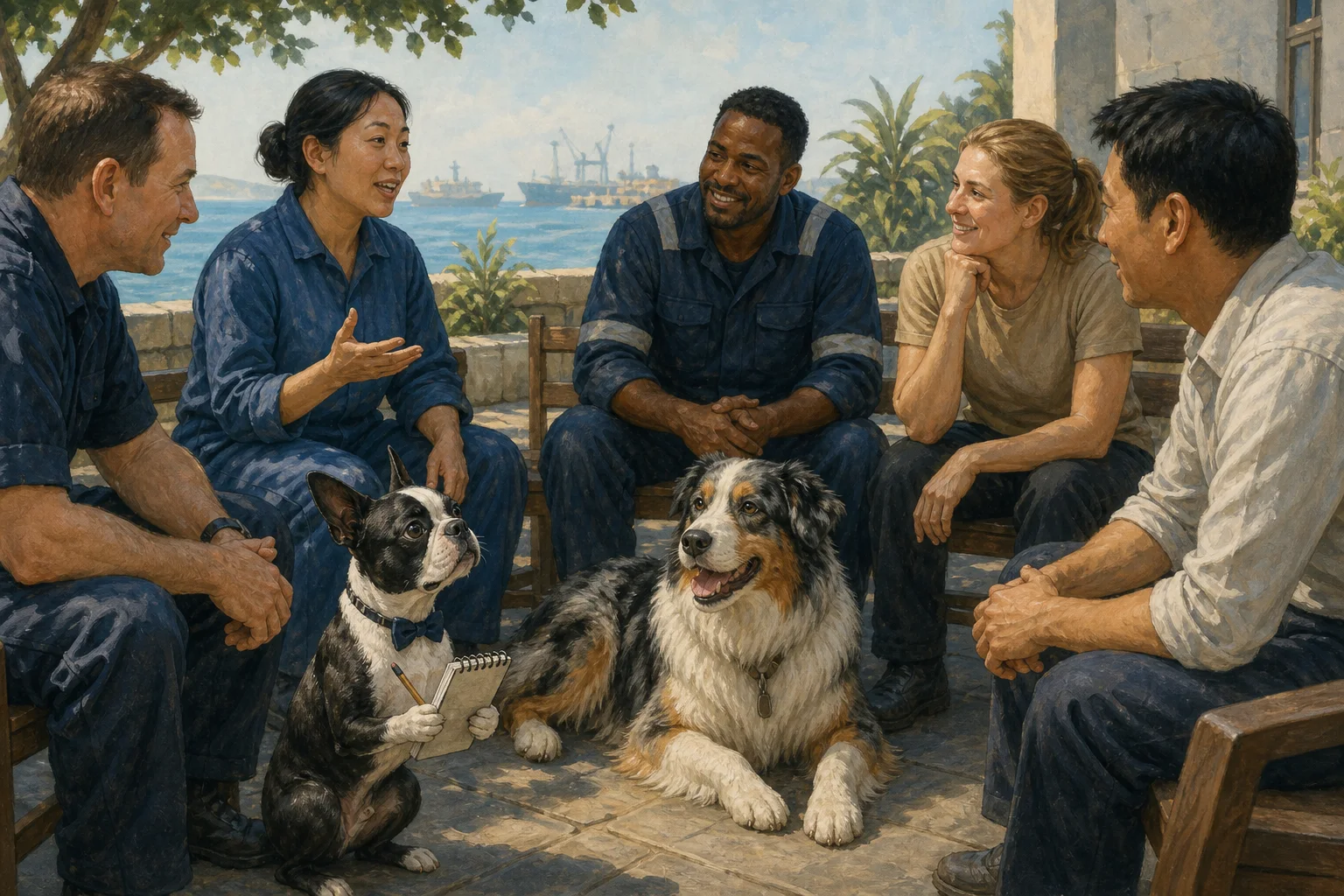 Buster Barkley listens as Slingshot rests beside adults sharing stories in a harbor courtyard