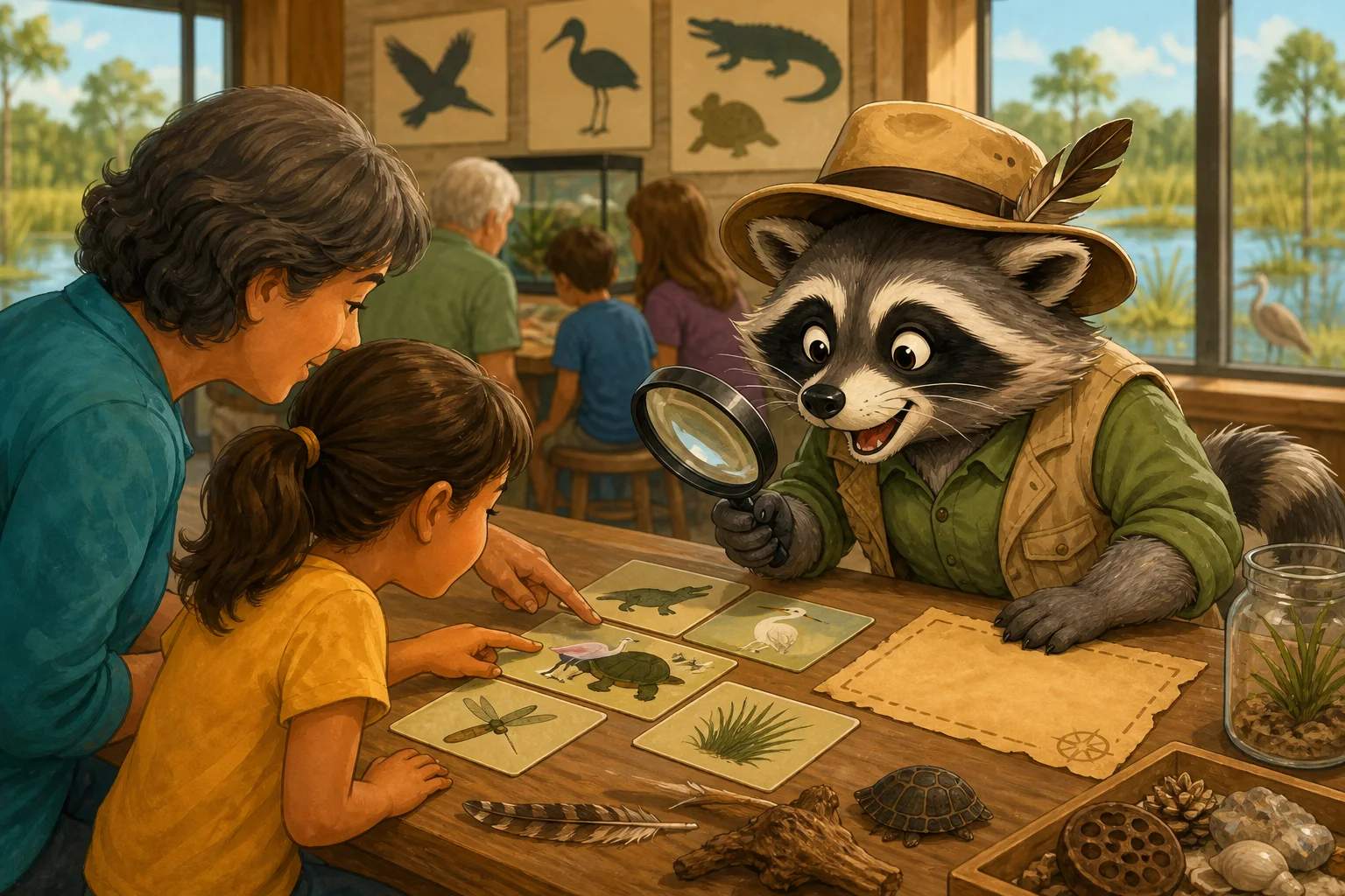 Editorial illustration of Rita Raccoon using a magnifying glass while a family team studies picture clues at an indoor Everglades activity table.