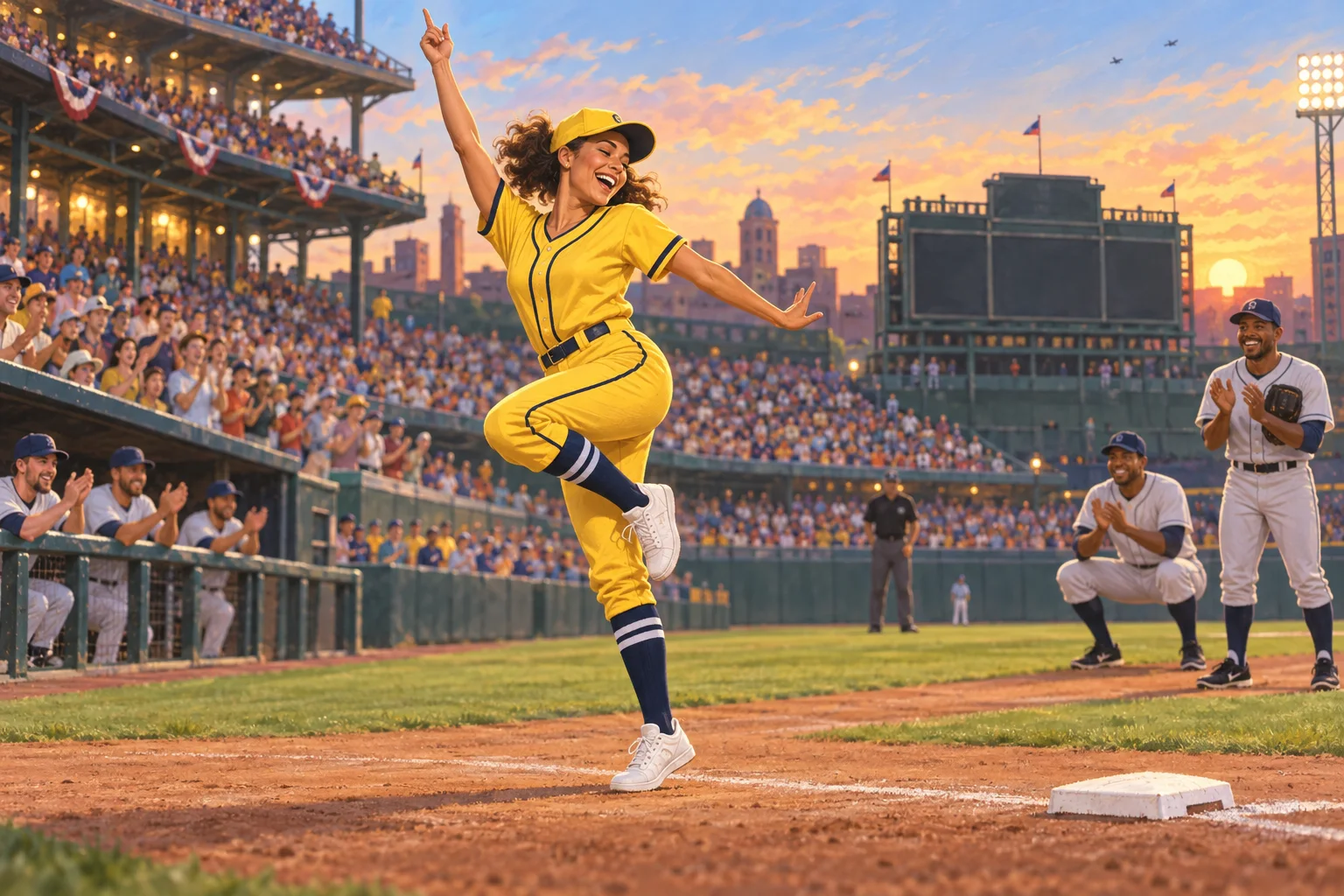 A dancer in a yellow baseball-style uniform performs on a ballfield as players and fans applaud.