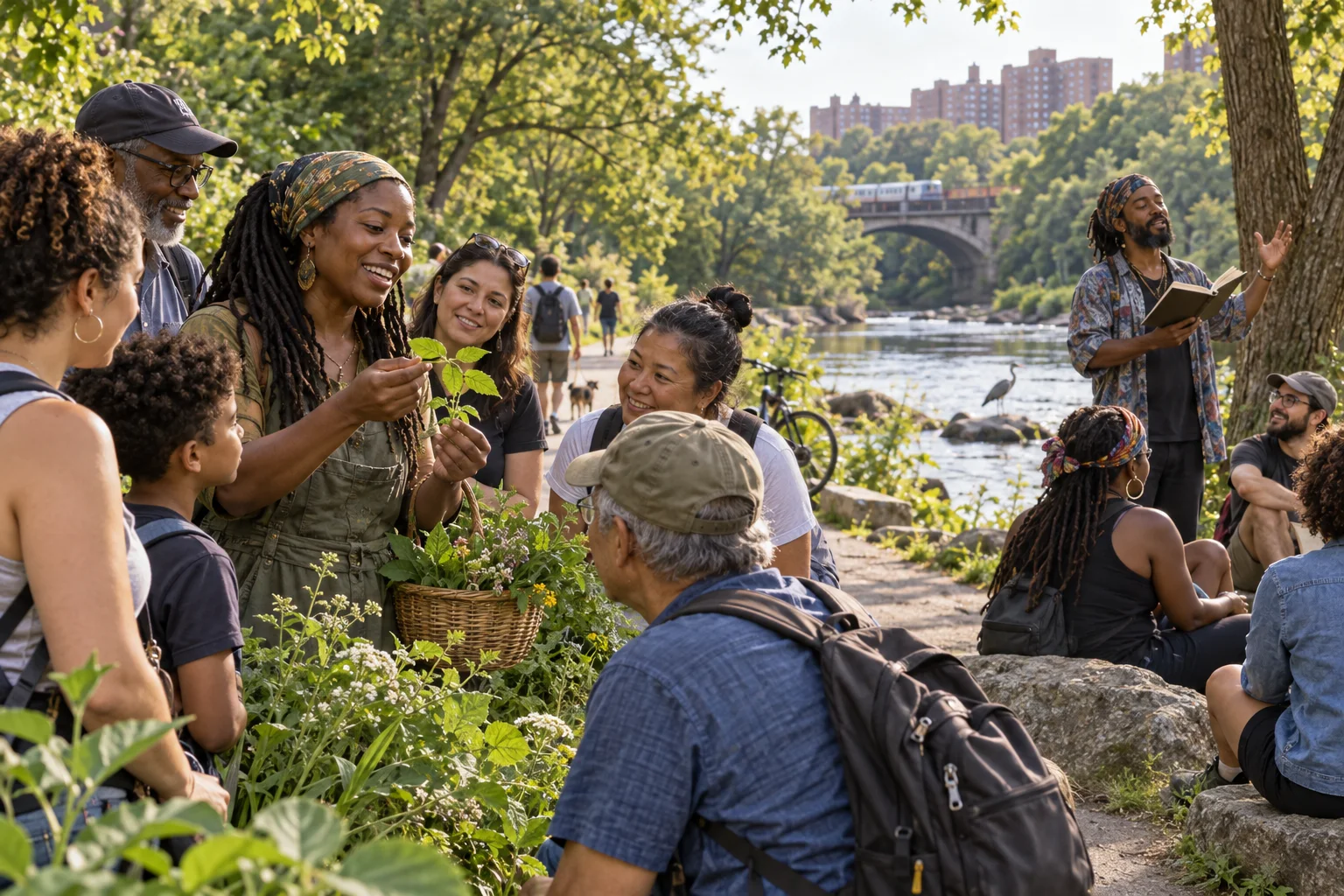Illustrated Foodway path beside the Bronx River with neighbors exploring plants