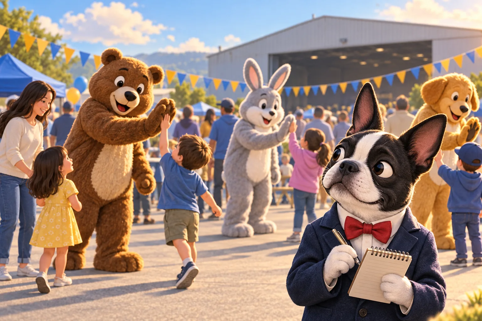 Buster Barkley, a Boston terrier reporter in a red bow tie, holds a notebook as families greet generic animal-costume characters at a sunny community gathering.