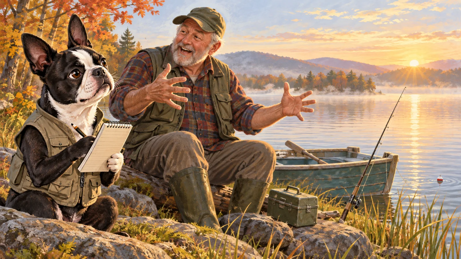 Buster Barkley listens beside an autumn lake as an angler cheerfully describes a fishing story.