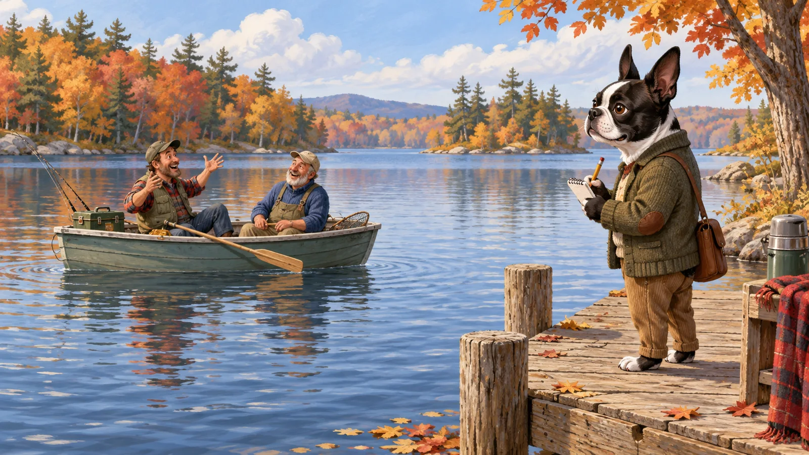Buster Barkley takes notes on a dock while two friends in a small rowboat share a cheerful fishing story on an autumn lake.