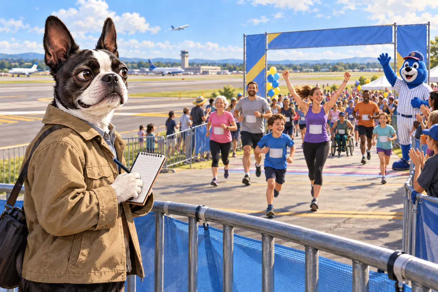 Editorial illustration of Buster Barkley watching a cheerful community runway 5K finish near an airport.