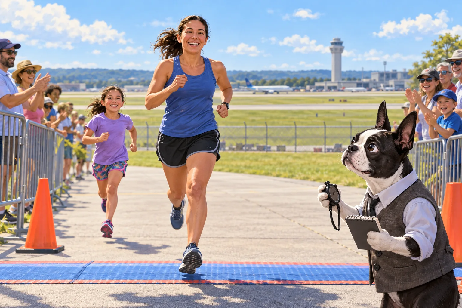 Editorial illustration of Buster Barkley timing a joyful adult and child team at an airport community 5K finish line.
