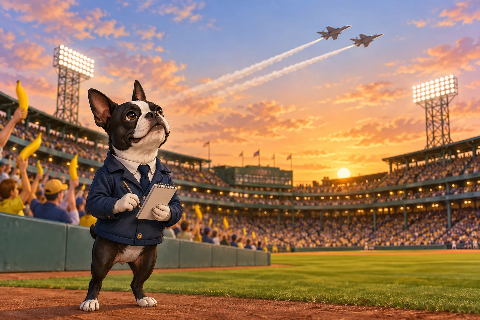 Buster Barkley, a Boston terrier reporter, looks up at two jets over a lively sunset baseball stadium.