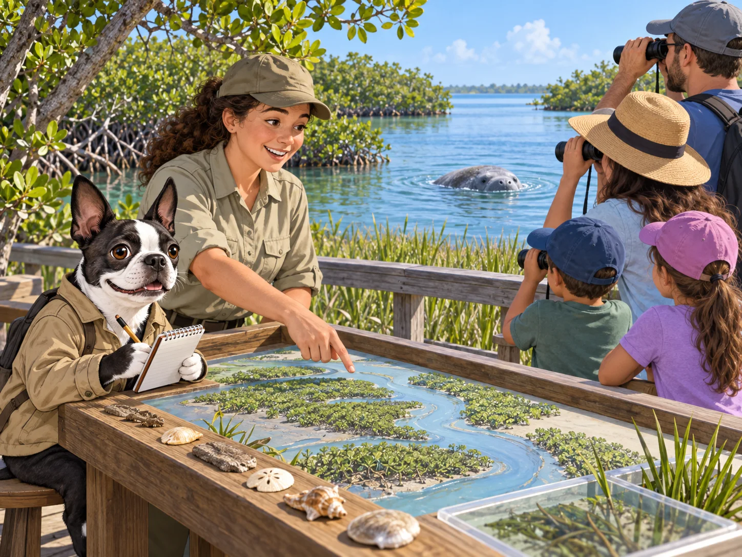 Editorial illustration of Buster Barkley beside a boardwalk activity table while a family watches a manatee surface near coastal grasses.