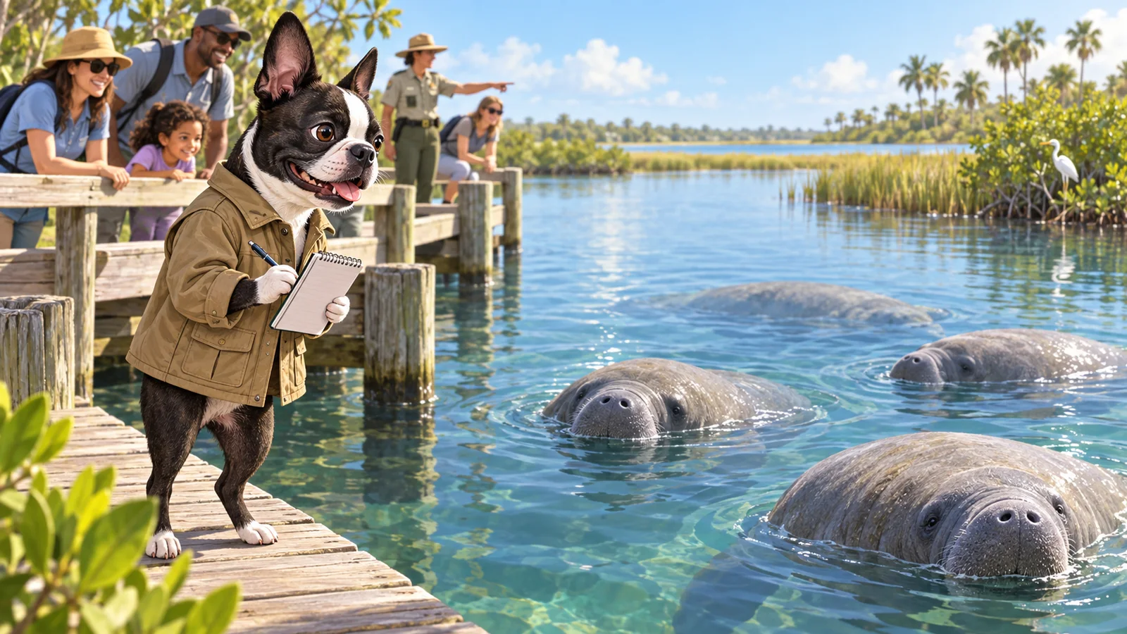 Editorial illustration of Buster Barkley taking notes on a wooden dock as visitors watch manatees in a calm coastal creek.
