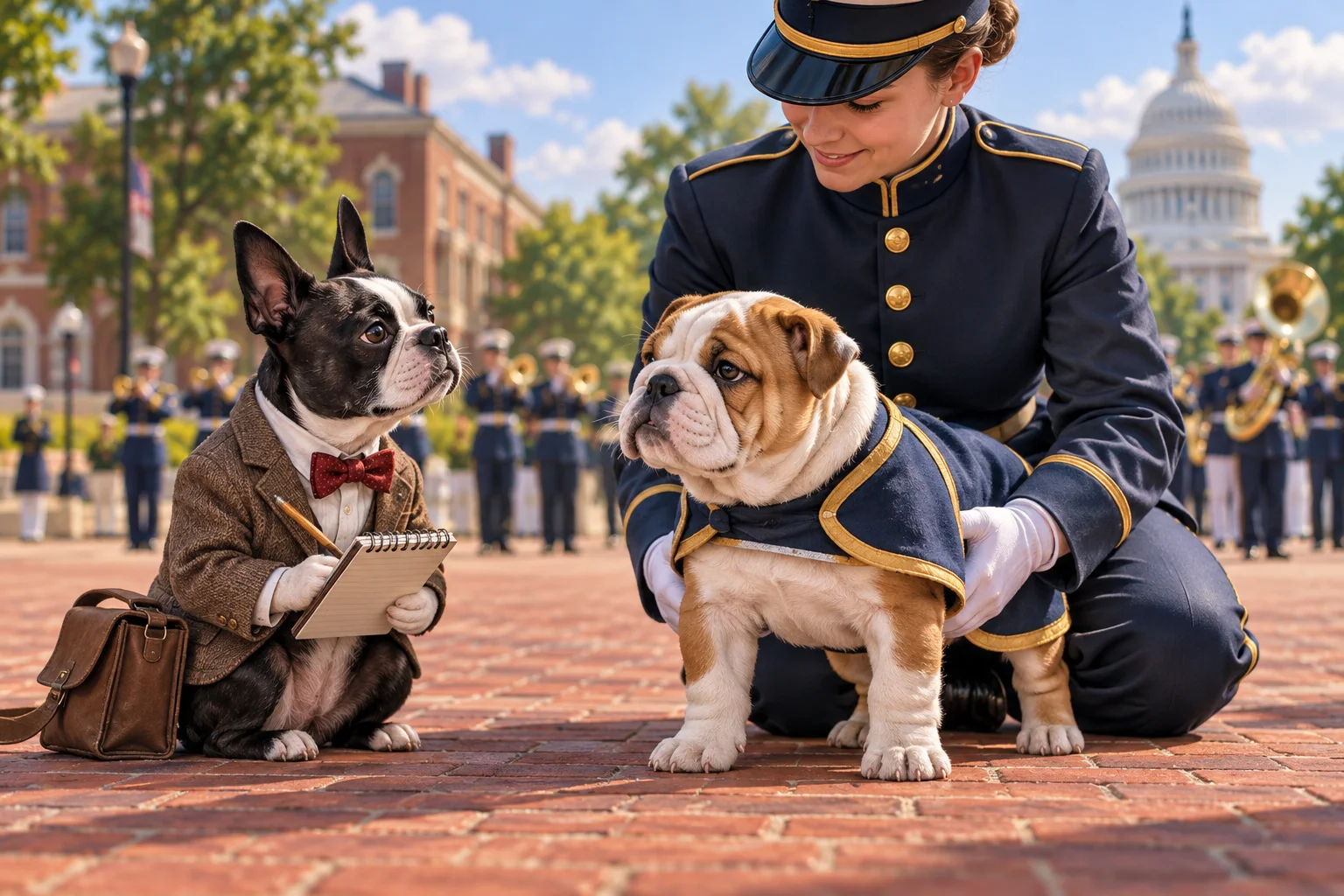 Buster Barkley, a Boston terrier reporter, observes a young English bulldog mascot with a ceremonial handler on a brick parade deck.