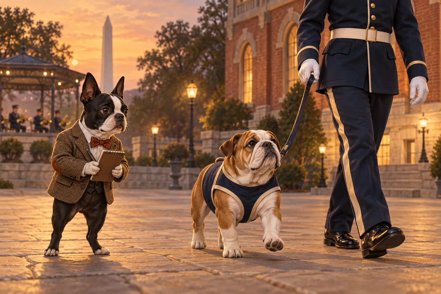 Buster Barkley takes notes as a young English bulldog practices a formal walk beside a ceremonial handler at sunset.