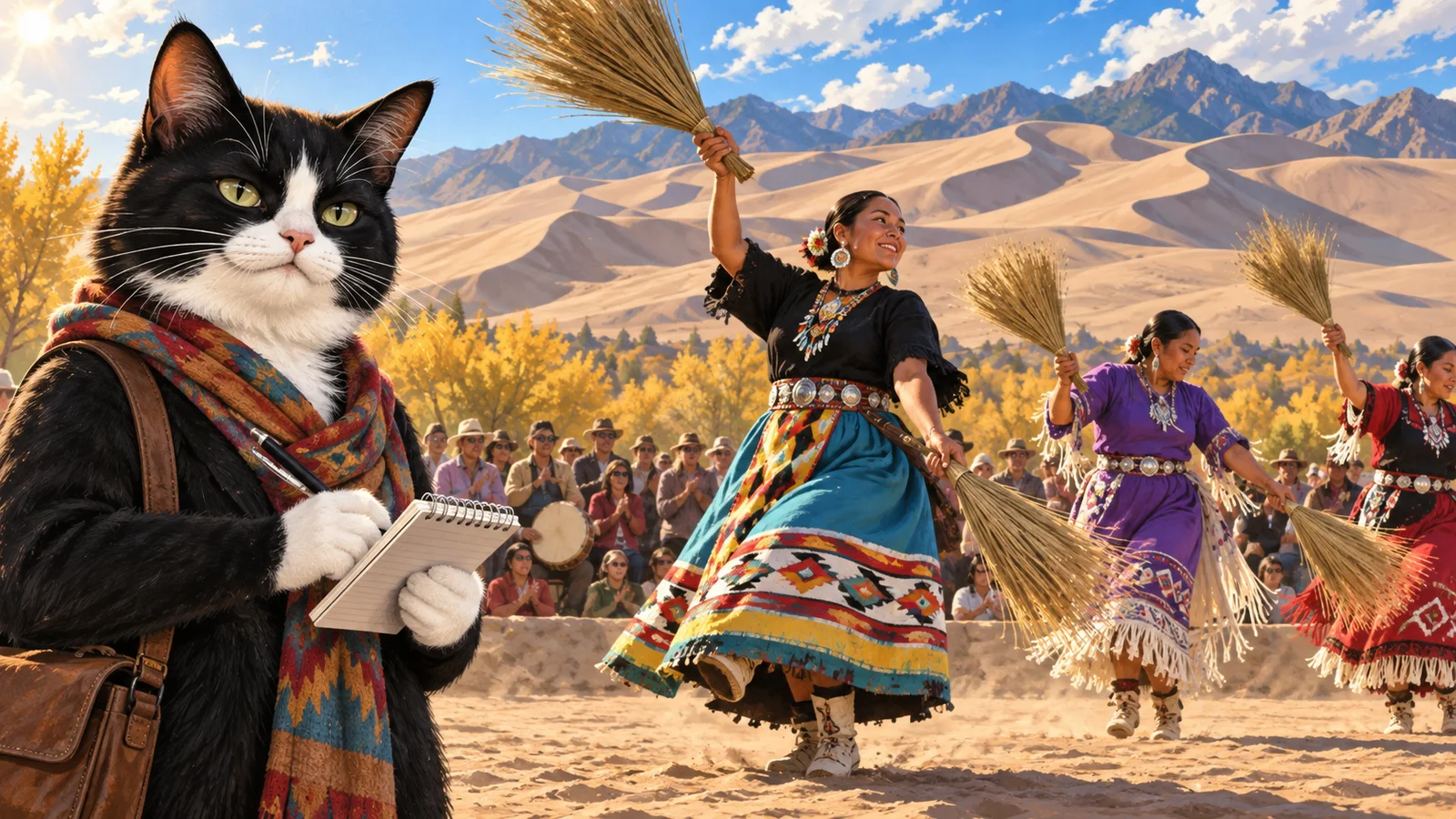 Cleo Claws reports beside dancers celebrating Hispanic culture near the Great Sand Dunes.