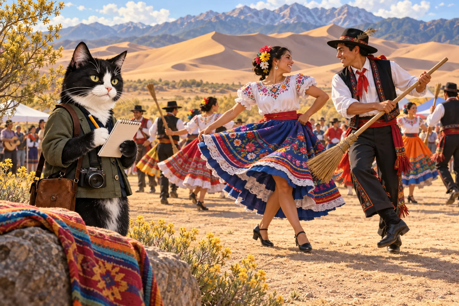 Cleo Claws observes dancers using a broom as part of a joyful outdoor cultural dance near golden sand dunes.