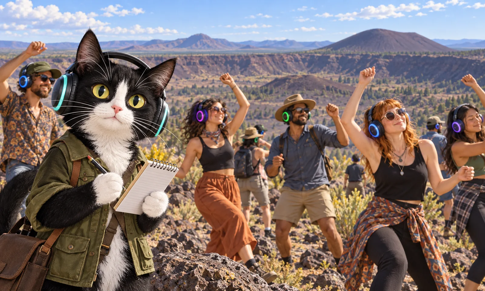 Editorial illustration of Cleo Claws reporting from an outdoor headphone dance in a volcanic New Mexico landscape.