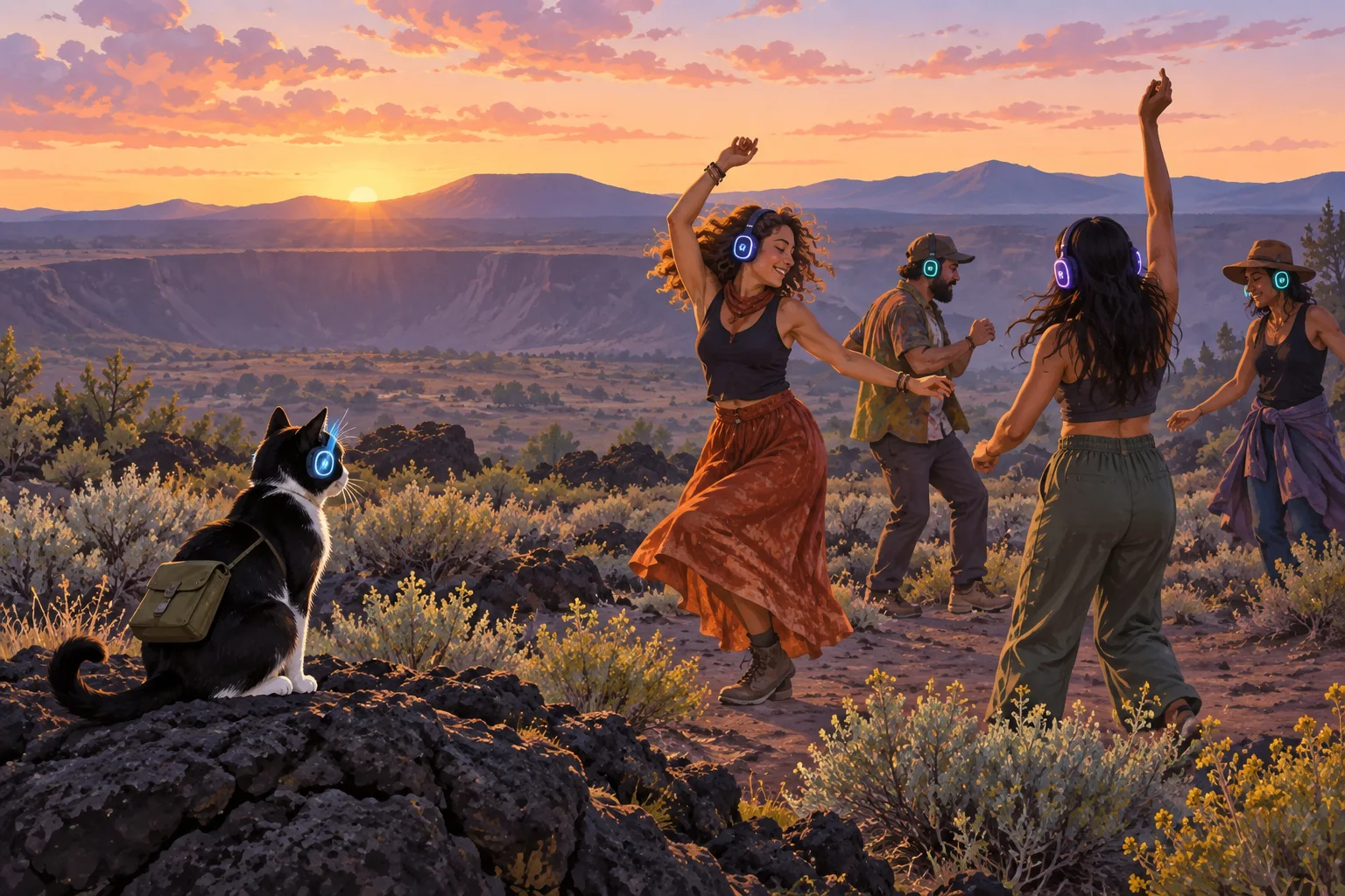 Editorial illustration of Cleo Claws watching headphone dancers in a volcanic New Mexico landscape at sunset.