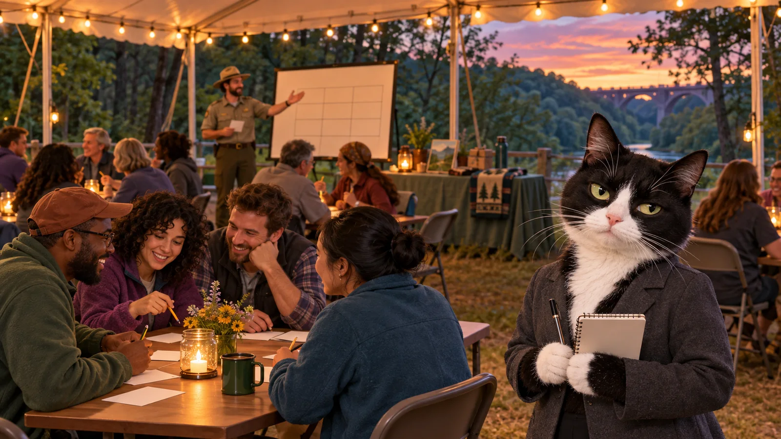 Cleo Claws, a tuxedo-cat reporter, watches teams gather for a friendly trivia night in an open-air tent beside a wooded river valley.