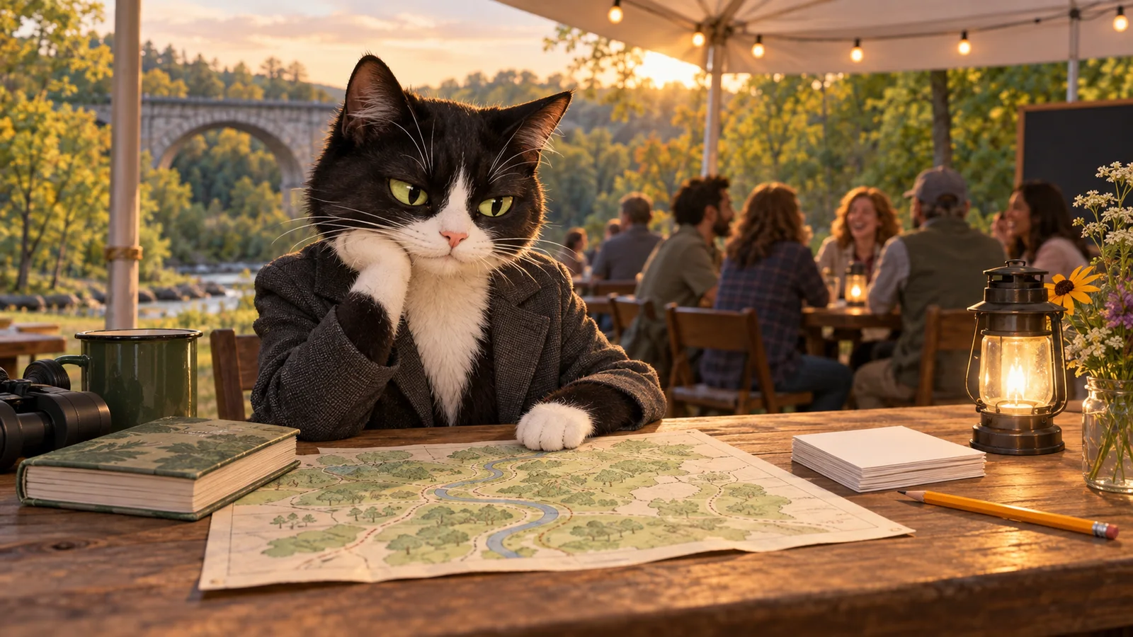 Cleo Claws, a tuxedo-cat reporter, studies an unlabeled park map beside blank answer cards at a warmly lit open-air trivia tent.