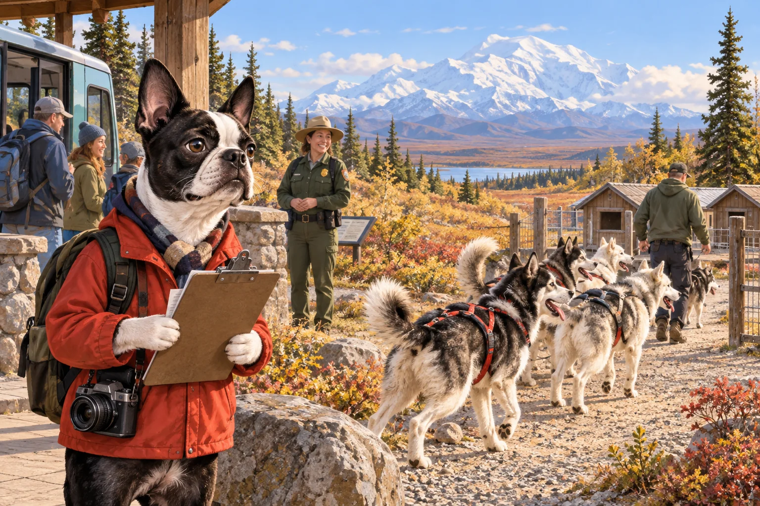 Editorial illustration of Buster Barkley at a Denali shuttle stop as a team of huskies heads toward the kennels.