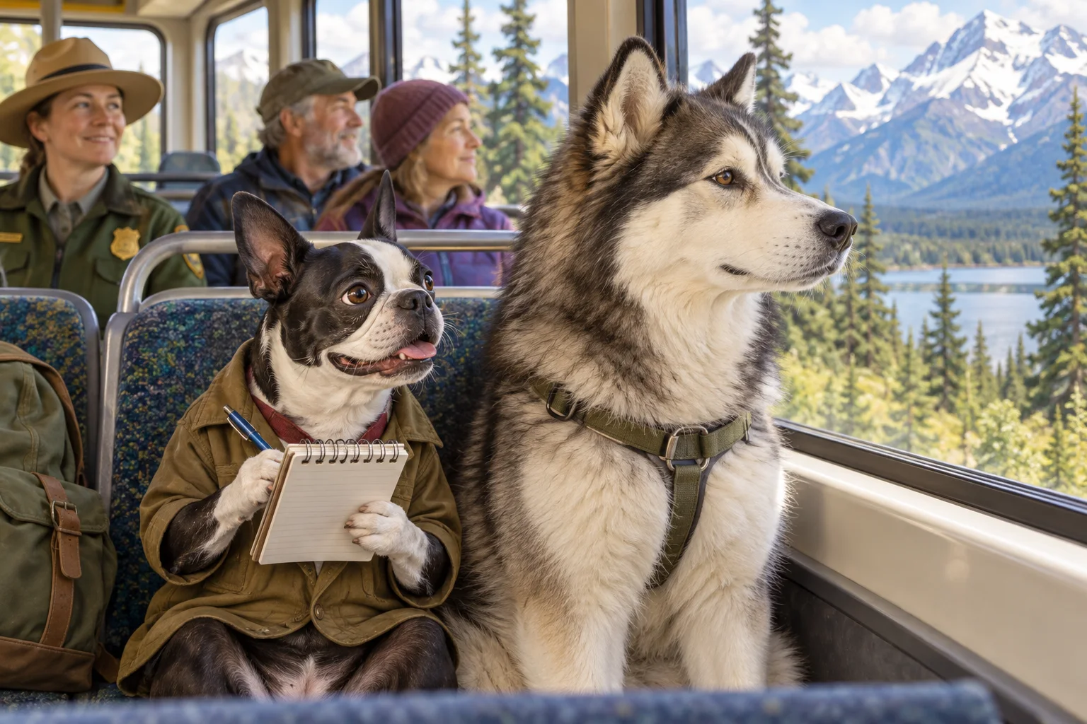 Editorial illustration of Buster Barkley and an Alaskan husky riding a park shuttle through a mountain landscape.