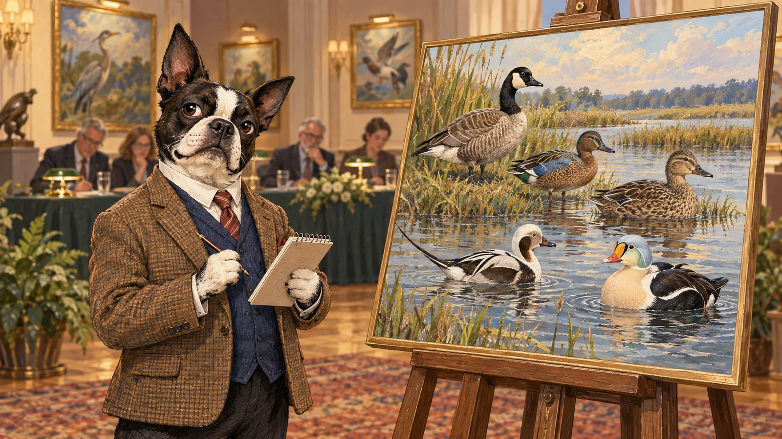 Buster Barkley, a Boston terrier reporter, stands beside an easel showing a waterfowl painting in a warmly lit gallery.