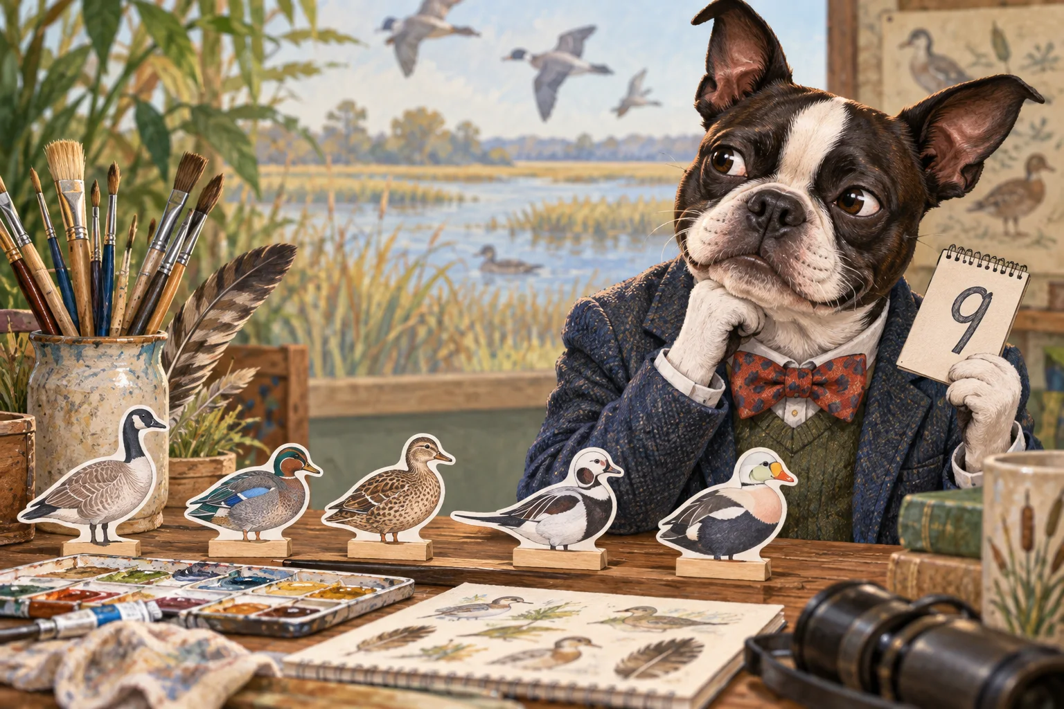 Buster Barkley reviews a scorecard beside brushes and a palette arranged for waterfowl art.
